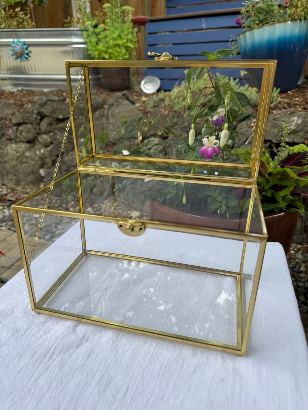 Glass & Brass Wedding Card Box Keepsake Display Box Hinged Lid Gold Tone
